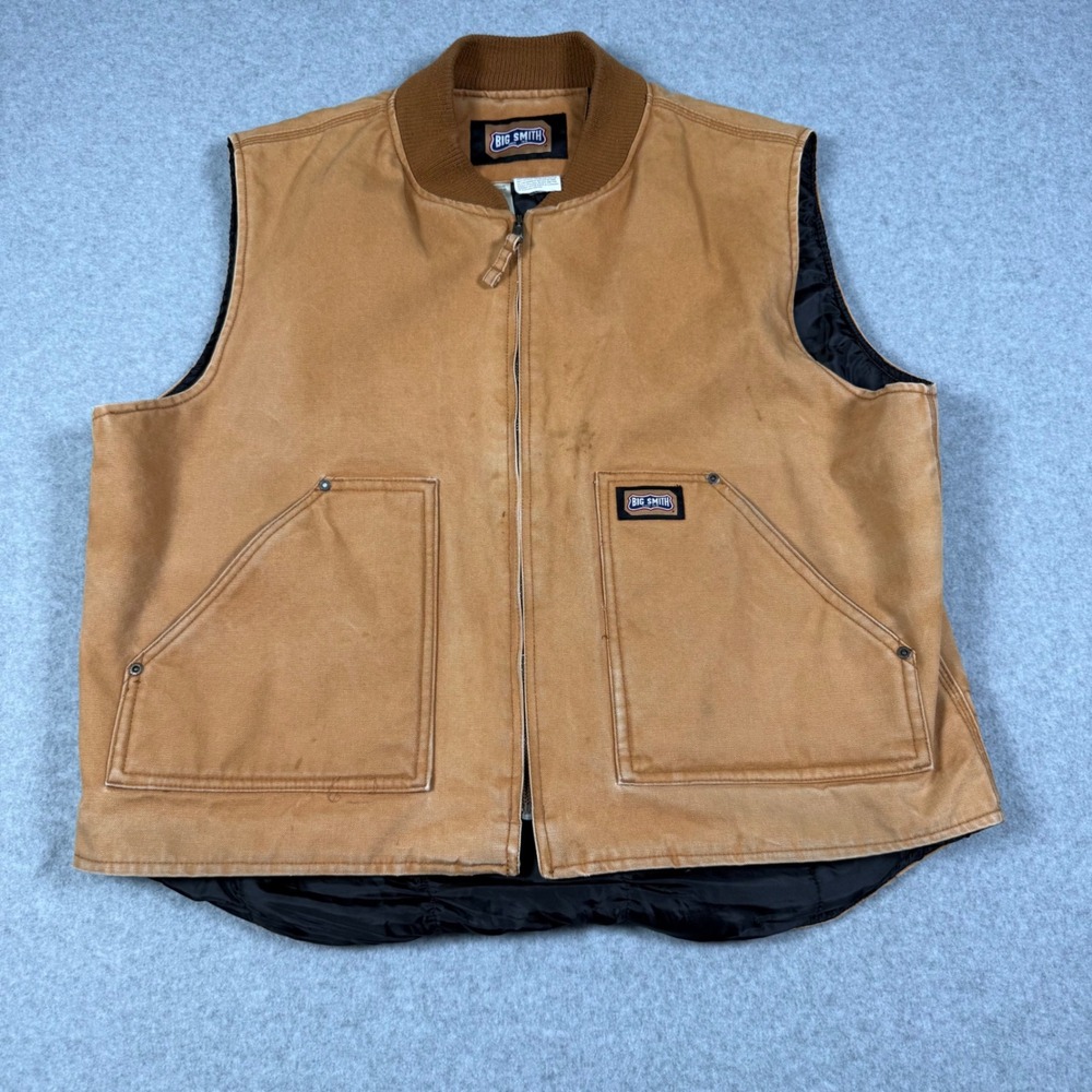 Big Smith Mens XL Brown Duck Canvas Work Vest Quilted Lined HB1200EBW Full Zip